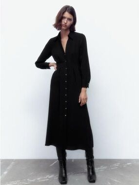 Zara Pleated Midi Black Dress with Gold Buttons Large